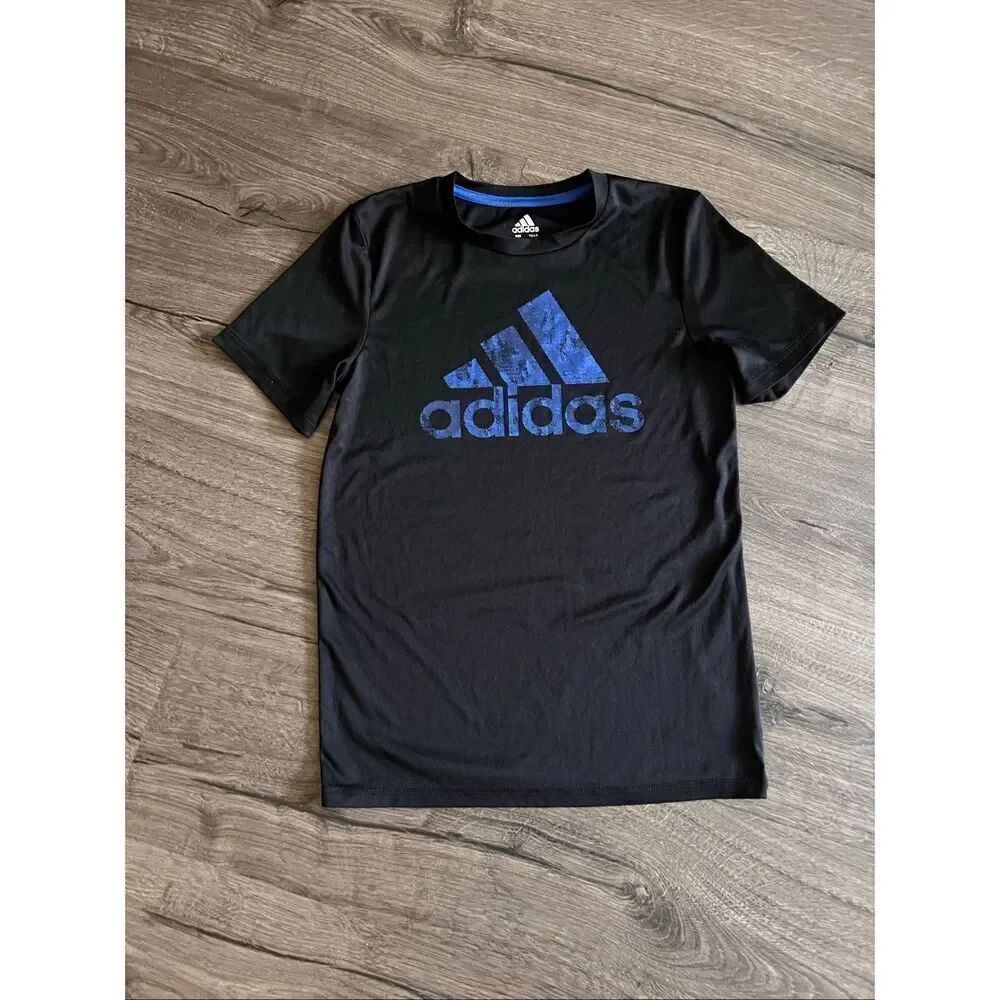 ADIDAS CLIMALITE, Boys T-Shirt, Color Black Logo In Blue, Size M(10-12)